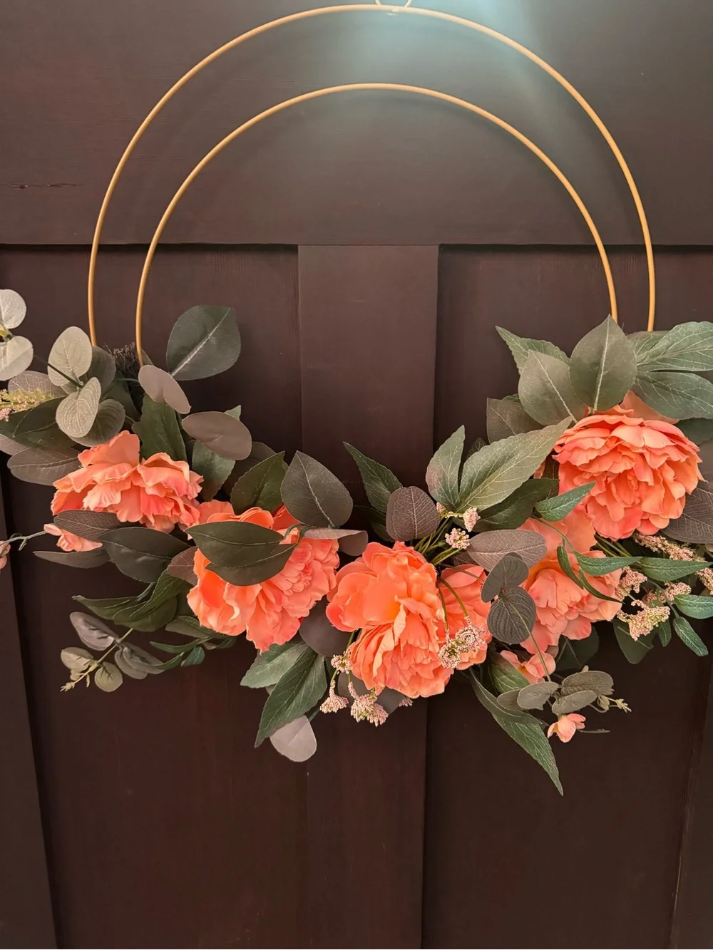 Coral Peony Hoop Wreath with Greenery